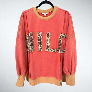 Easel Oversized Wild Leopard Print Patch Terry Knit Boho Red